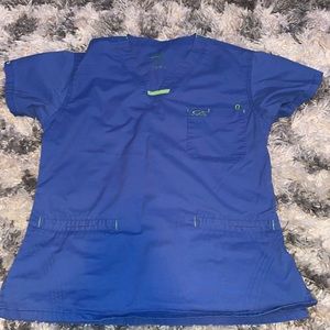 Iguana med blue scrub top